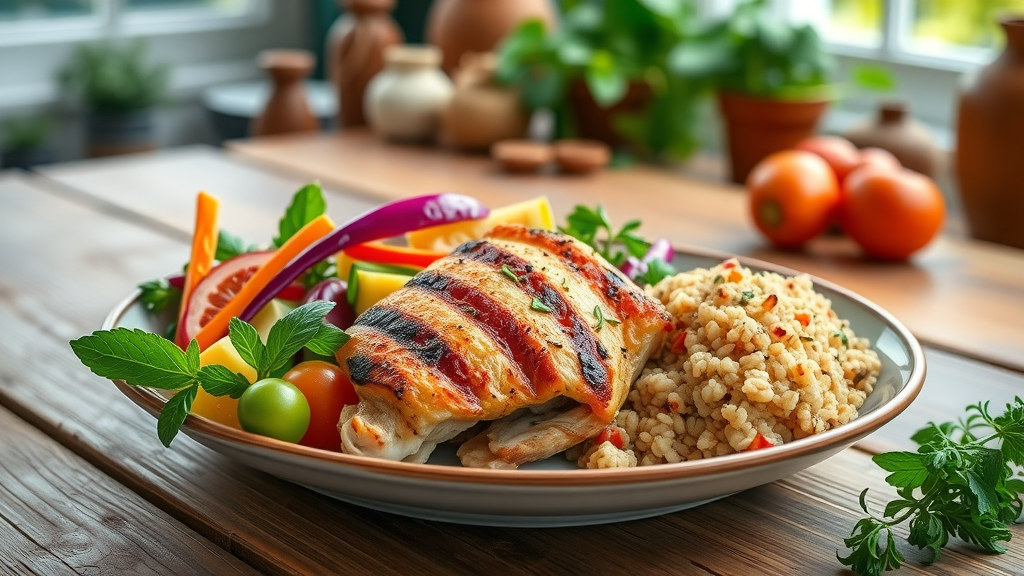 Healthy protein-rich meal for older adults preventing sarcopenia.