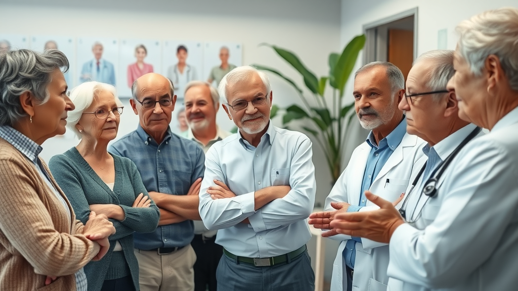 Older adults at risk of sarcopenia discussing muscle loss prevention with a doctor in a modern clinic.