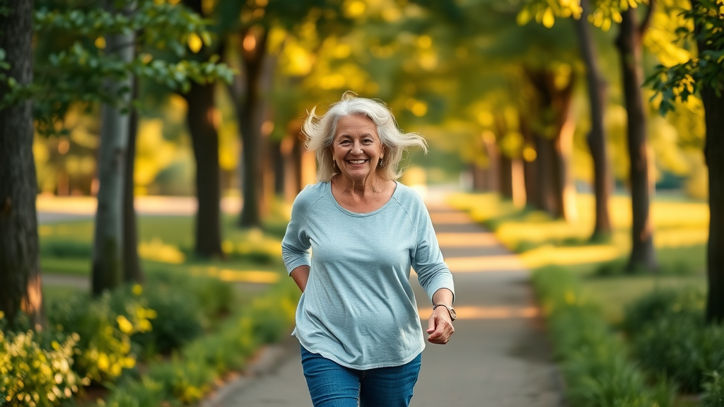 Active older adults maintaining muscle strength, walking outdoors and enjoying quality of life.