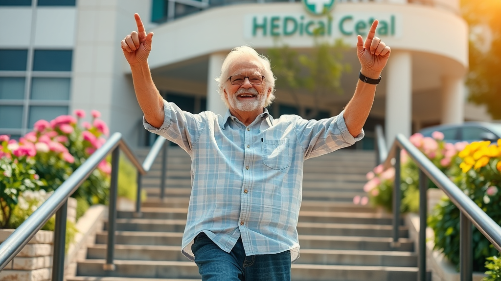 Older adult celebrating regained strength after overcoming sarcopenia.