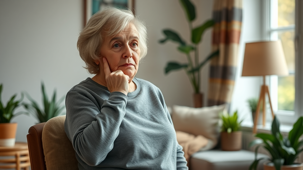 Concerned older woman noticing signs of sarcopenia while standing up from a chair at home.