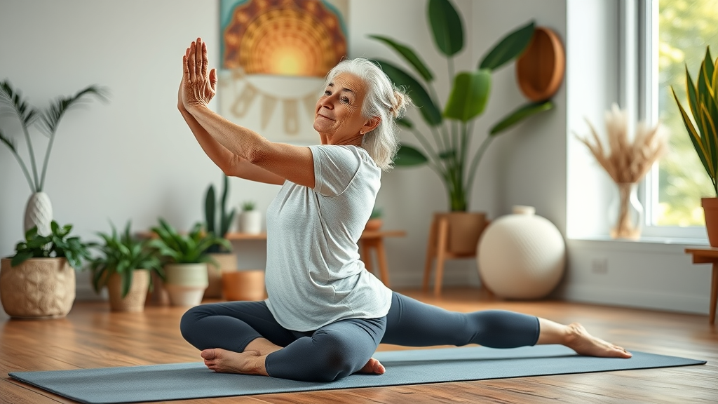 Older adult performing yoga to prevent sarcopenia and maintain muscle strength and flexibility.