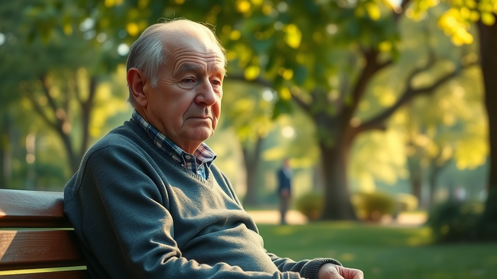 Worried elderly man concerned about sarcopenia, seated on a park bench under sunlight, lush green trees in background.
