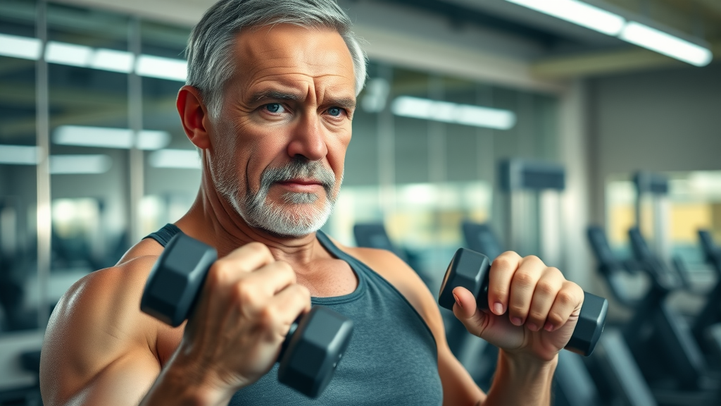 Older adult performing resistance training in a gym to combat sarcopenia.