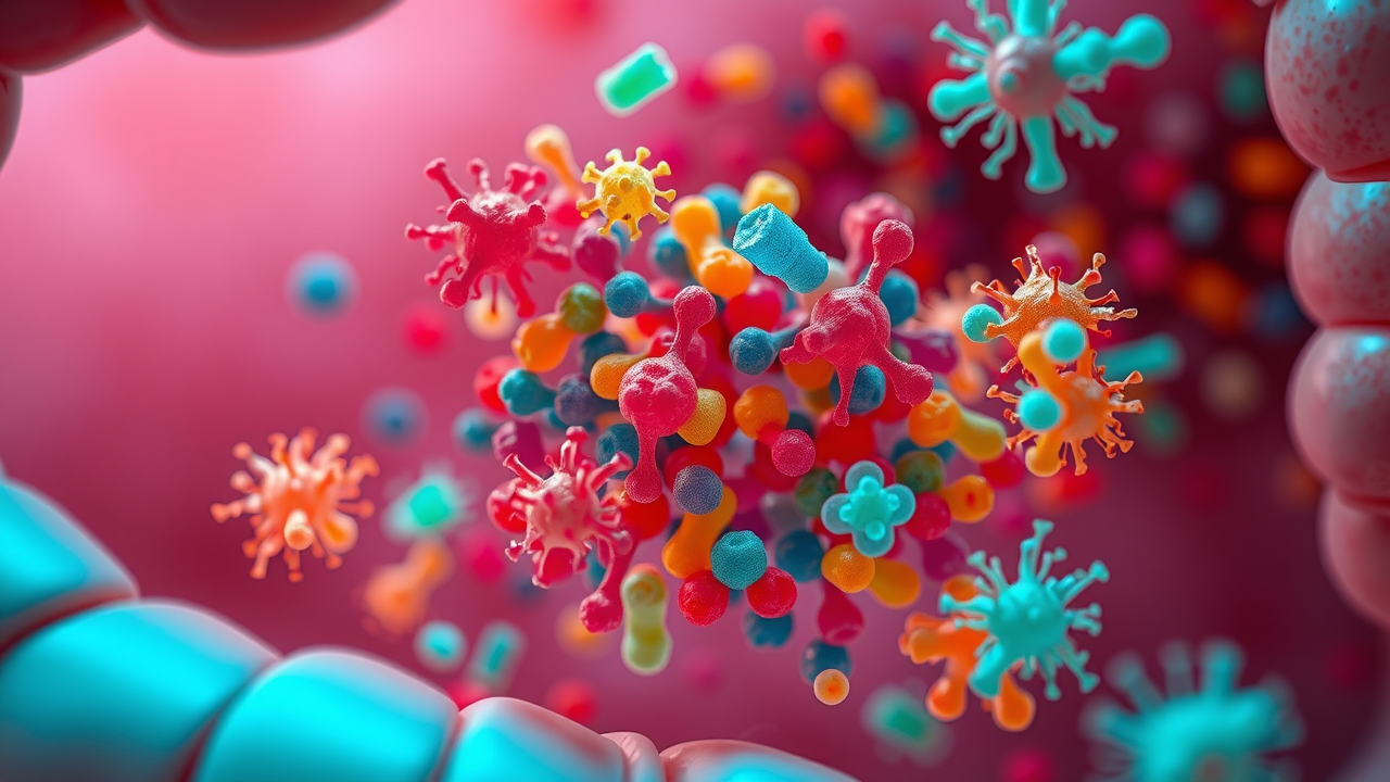 colorful microscopic gut bacteria colonies, harmonious interactions, gut microbiome and gut health, intestines background with mucosal lining, vibrant colors, photorealistic macro, soft laboratory lighting