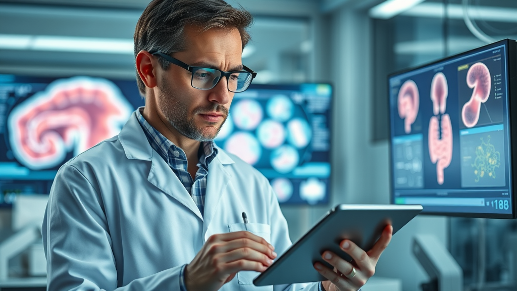 immunologist studying gut lining, gut microbiome and gut health research, high-tech lab, digital gut cells