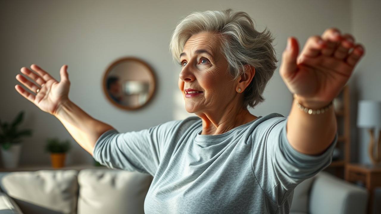 motivated senior woman, confident with light free weights, doing exercises at home in sunlight, helen mirren inspired military workout