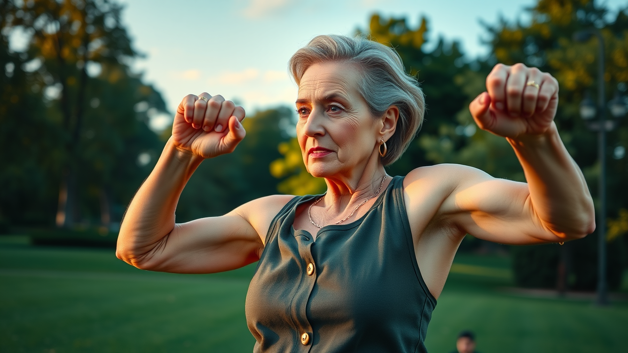 elegant senior woman in park performing calisthenics, royal canadian air force inspired workout, lush greenery, outdoor military exercise