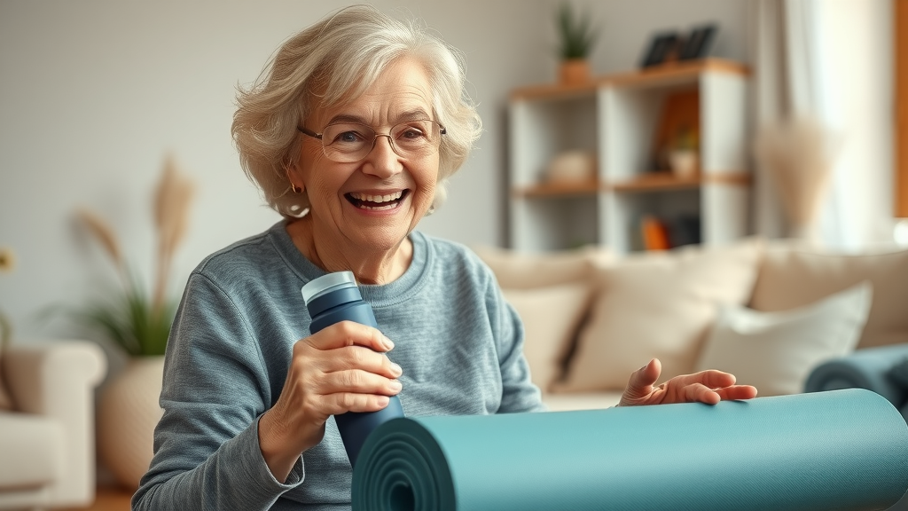 enthusiastic elderly woman preparing yoga mat and water for helen mirren military workout, tidy home, natural lighting