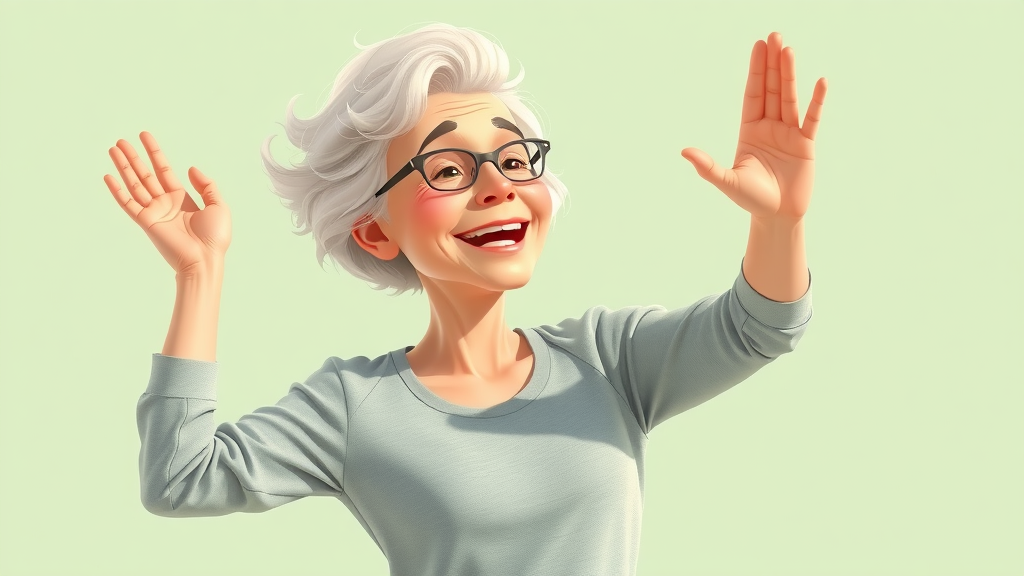 active older woman in dynamic stretch, cartoon, bright colors, demonstrates helen mirren xbx plan military workout
