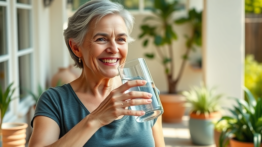 inspiring senior woman, relaxed smile, cooling down after xbx plan, patio with plants, helen mirren 12-minute military workout